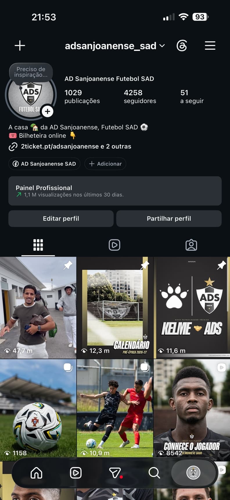 Perfil de Instagram da AD Sanjoanense — Futebol SAD